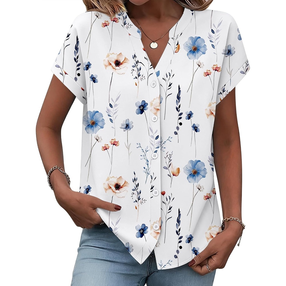image:imageZeagoo Button Down Shirts for Women Short Sleeve Tops V Neck Collar Blouses Business Casual OutfitsBf290