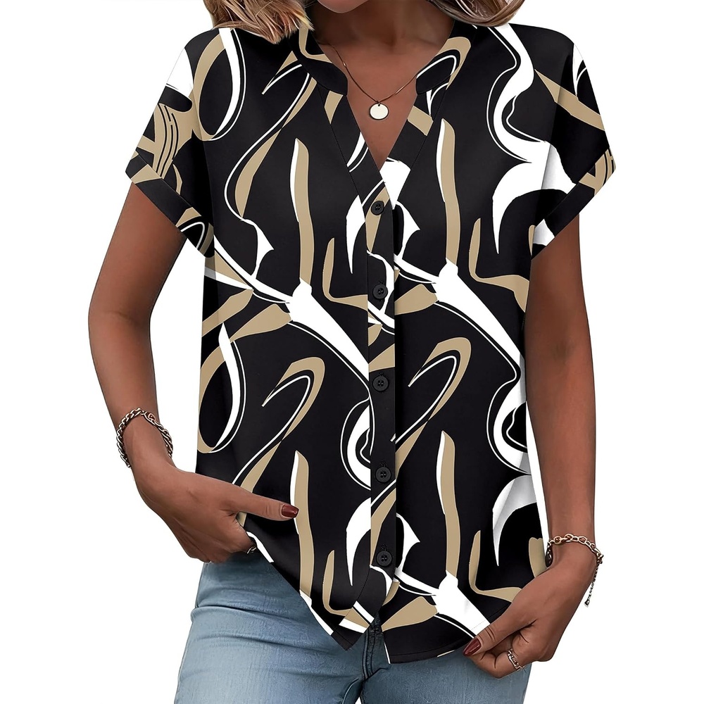 image:imageZeagoo Button Down Shirts for Women Short Sleeve Tops V Neck Collar Blouses Business Casual OutfitsCx312