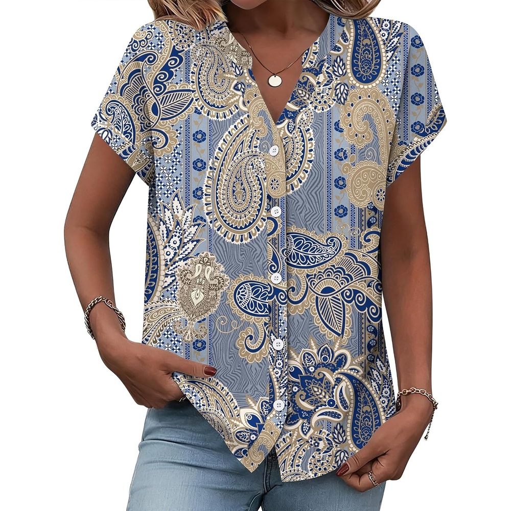 image:imageZeagoo Button Down Shirts for Women Short Sleeve Tops V Neck Collar Blouses Business Casual OutfitsMz919
