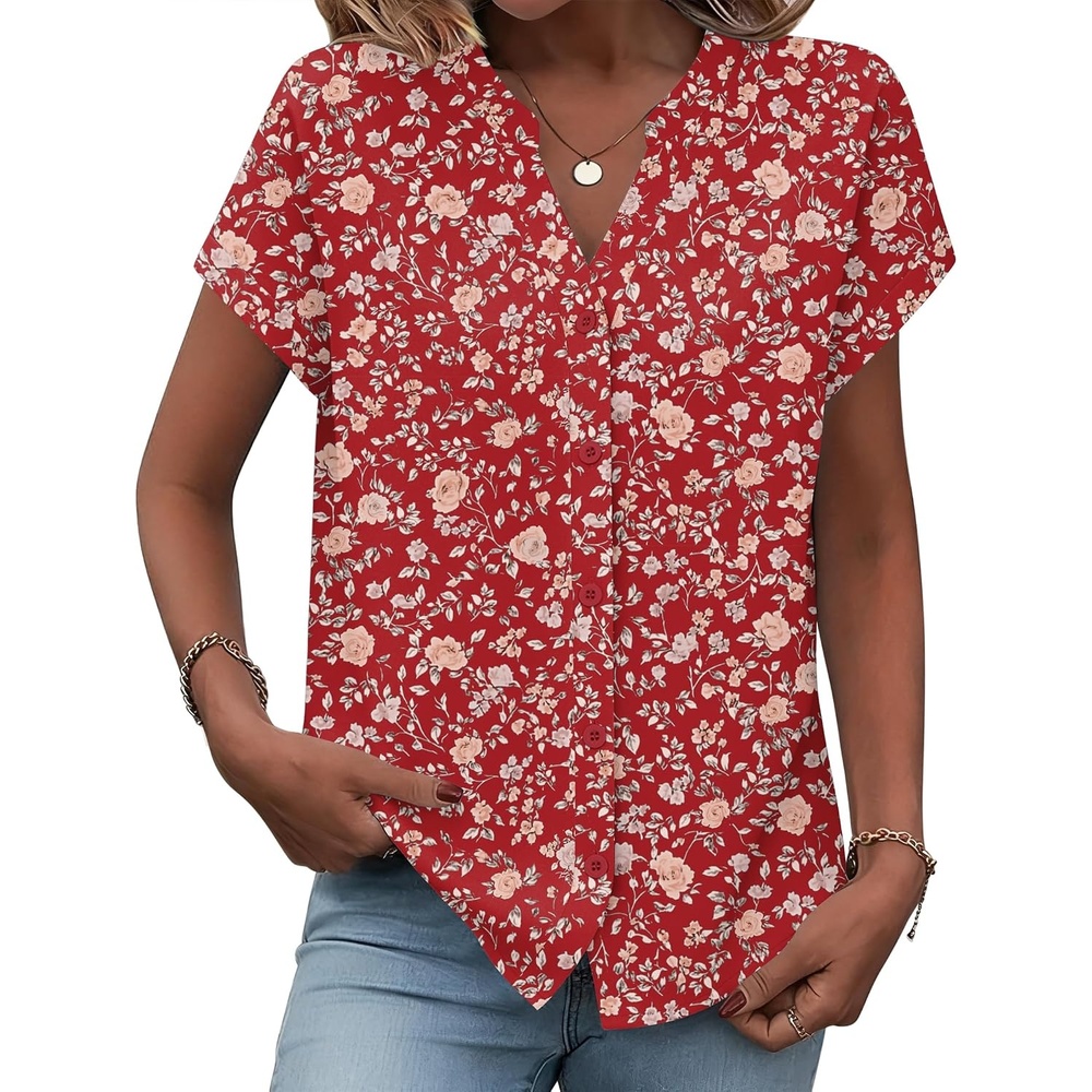 image:imageZeagoo Button Down Shirts for Women Short Sleeve Tops V Neck Collar Blouses Business Casual OutfitsXh546