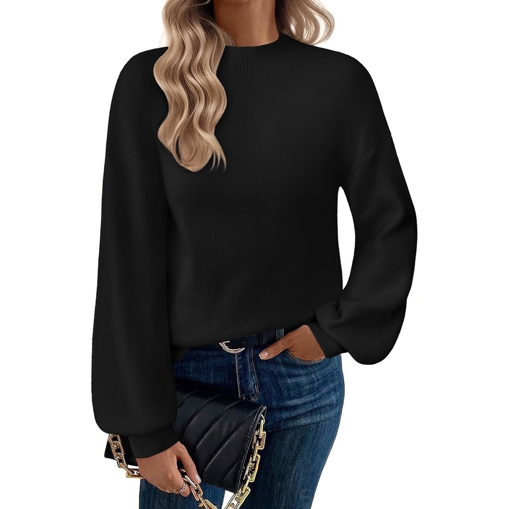 image:imageZeagoo Sweaters for Women Fall Fashion 2025 Trendy Long Sleeve Turtleneck Pullover Lantern Knit Sweater TopsBlack