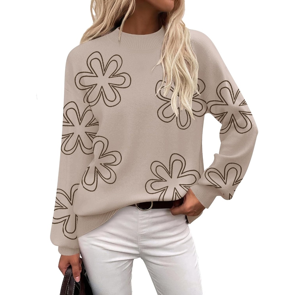 image:imageZeagoo Sweaters for Women Fall Fashion 2025 Trendy Long Sleeve Turtleneck Pullover Lantern Knit Sweater TopsFlower Khaki