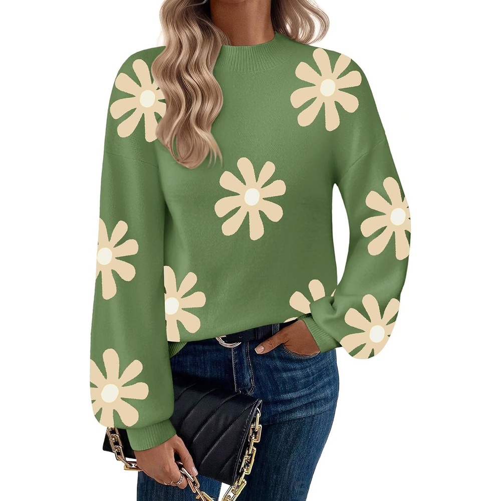 image:imageZeagoo Sweaters for Women Fall Fashion 2025 Trendy Long Sleeve Turtleneck Pullover Lantern Knit Sweater TopsGreenflower