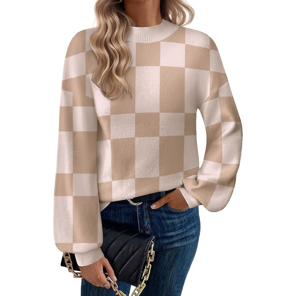 image:imageZeagoo Sweaters for Women Fall Fashion 2025 Trendy Long Sleeve Turtleneck Pullover Lantern Knit Sweater TopsKhakiplaid