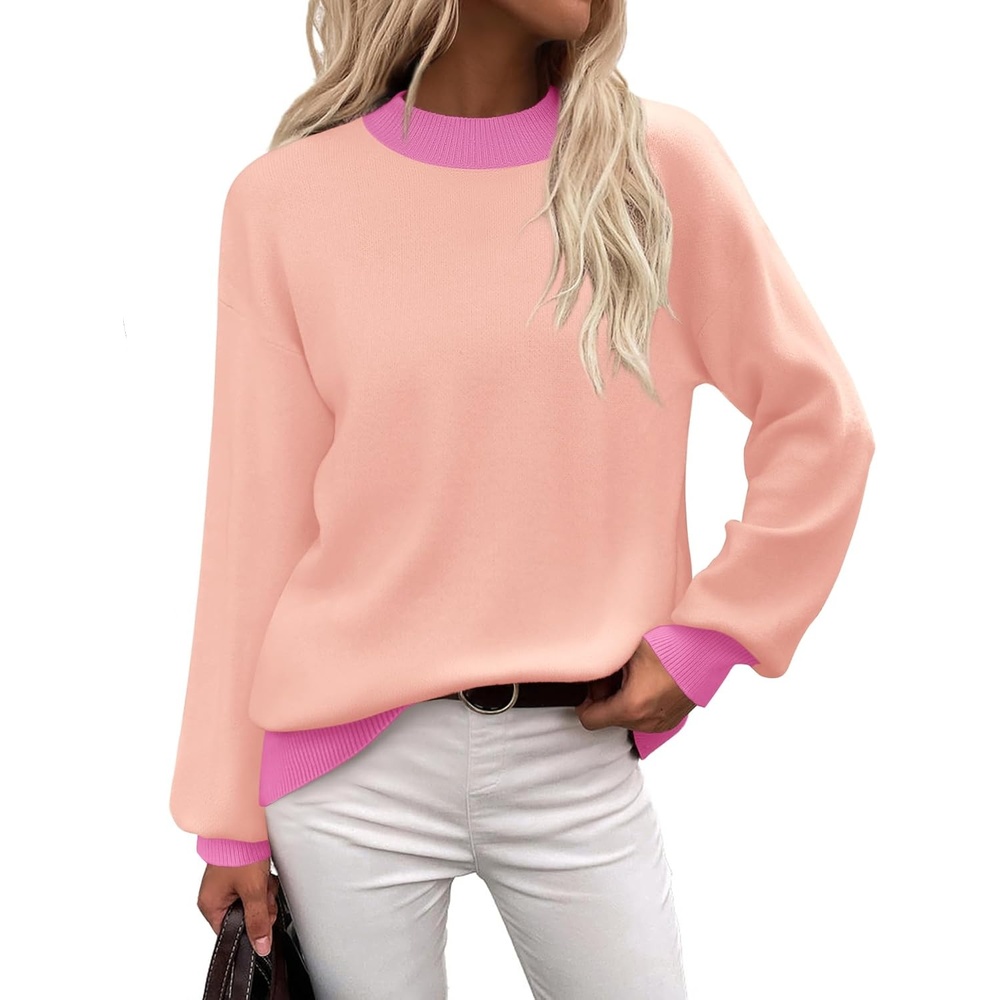 image:imageZeagoo Sweaters for Women Fall Fashion 2025 Trendy Long Sleeve Turtleneck Pullover Lantern Knit Sweater TopsPink
