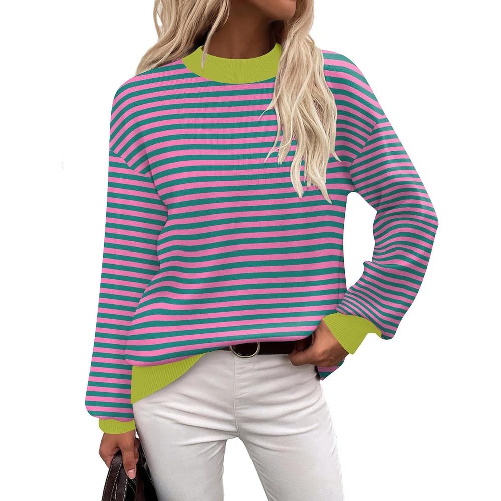image:imageZeagoo Sweaters for Women Fall Fashion 2025 Trendy Long Sleeve Turtleneck Pullover Lantern Knit Sweater TopsPink Striped