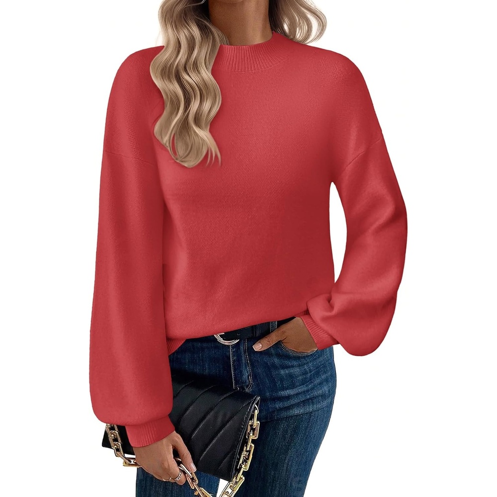 image:imageZeagoo Sweaters for Women Fall Fashion 2025 Trendy Long Sleeve Turtleneck Pullover Lantern Knit Sweater TopsSolid Red