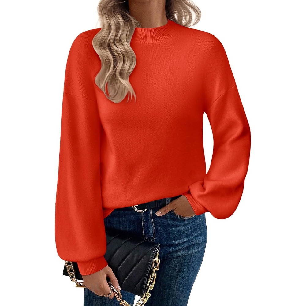 image:imageZeagoo Sweaters for Women Fall Fashion 2025 Trendy Long Sleeve Turtleneck Pullover Lantern Knit Sweater TopsTomato Red