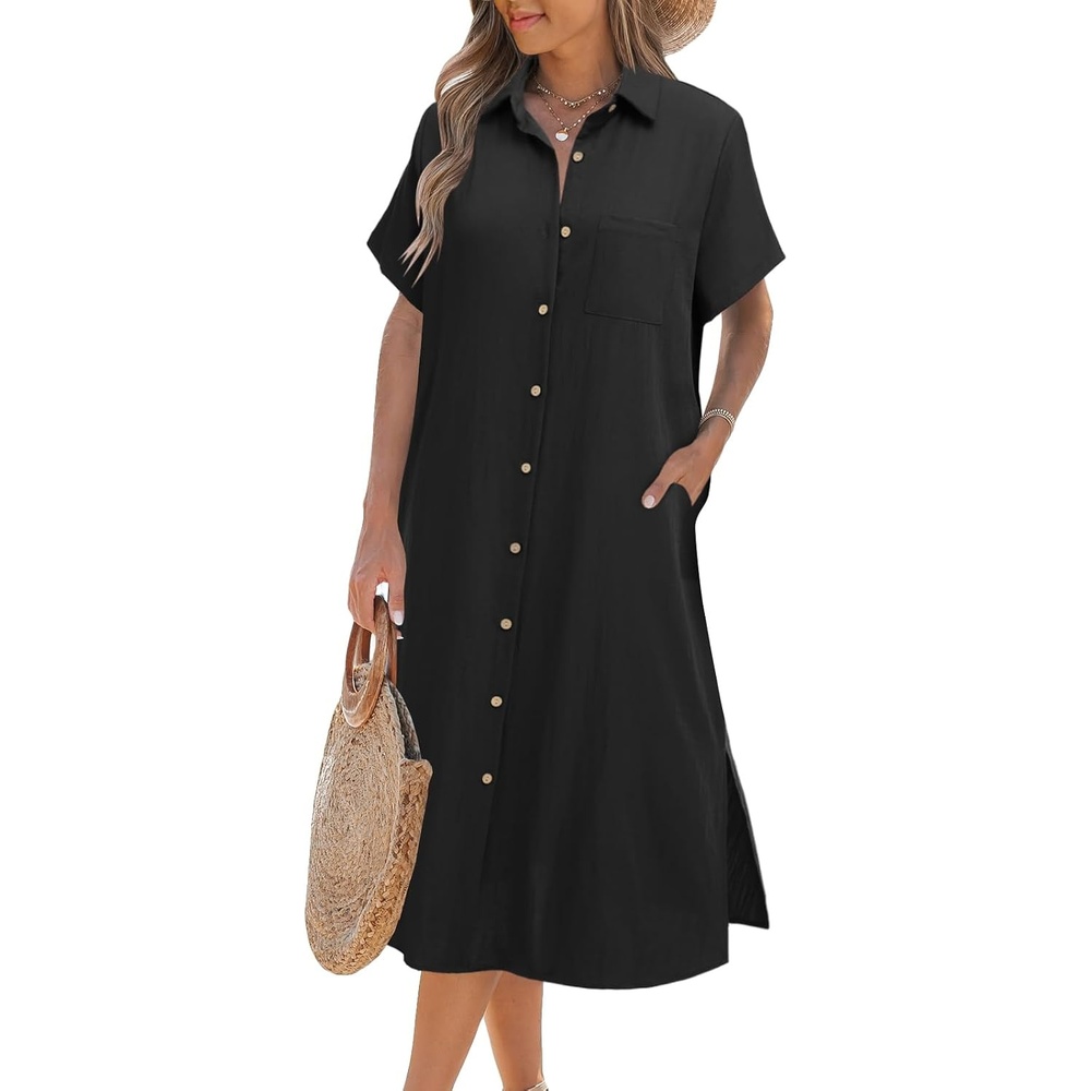 image:imageZeagoo Women Dresses Summer Casual Short Sleeve Button Down Shirt Dresses 2026 Beach Cover Up with PocketsA01black