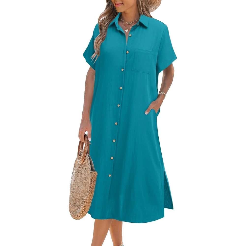 image:imageZeagoo Women Dresses Summer Casual Short Sleeve Button Down Shirt Dresses 2026 Beach Cover Up with PocketsBlue