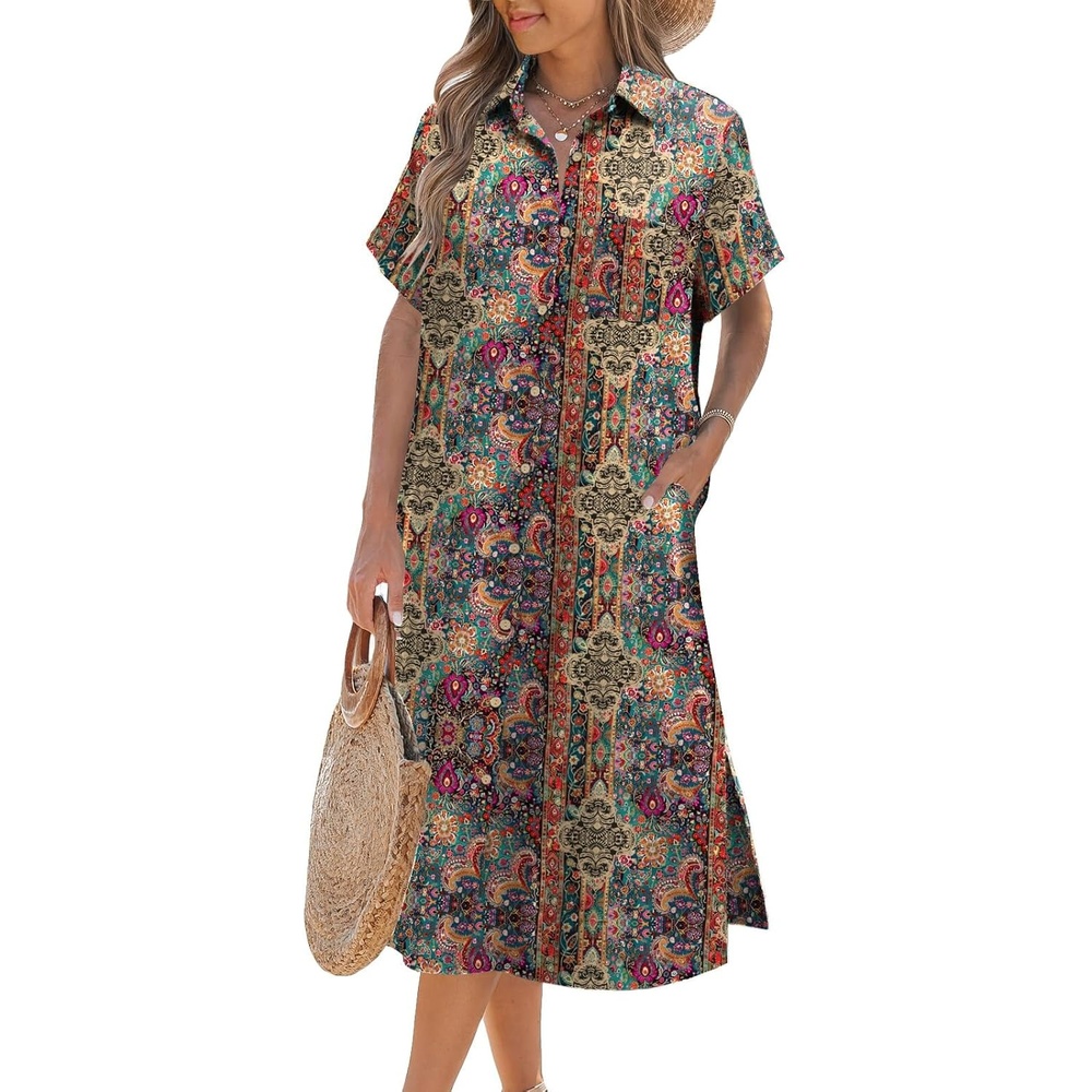 image:imageZeagoo Women Dresses Summer Casual Short Sleeve Button Down Shirt Dresses 2026 Beach Cover Up with PocketsBoho Print
