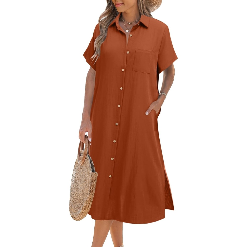 image:imageZeagoo Women Dresses Summer Casual Short Sleeve Button Down Shirt Dresses 2026 Beach Cover Up with PocketsBrick Red