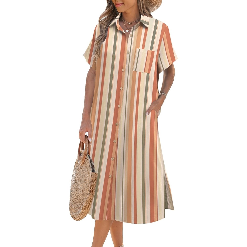 image:imageZeagoo Women Dresses Summer Casual Short Sleeve Button Down Shirt Dresses 2026 Beach Cover Up with PocketsKhaki Stripe