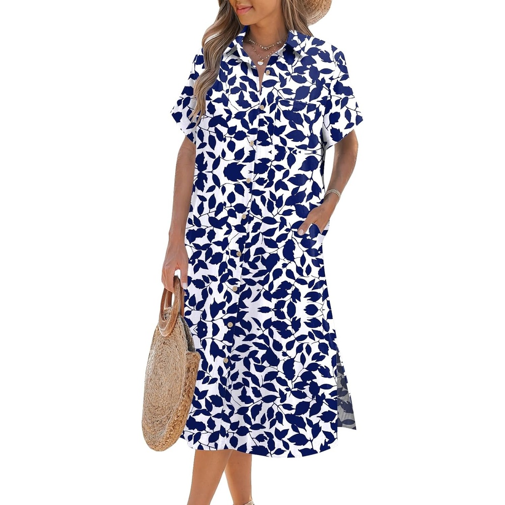 image:imageZeagoo Women Dresses Summer Casual Short Sleeve Button Down Shirt Dresses 2026 Beach Cover Up with PocketsLeaf Print