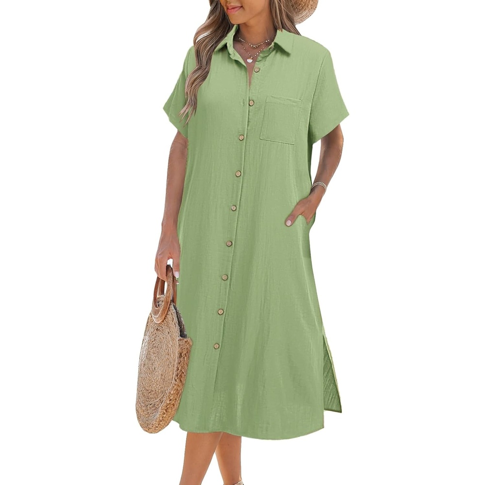 image:imageZeagoo Women Dresses Summer Casual Short Sleeve Button Down Shirt Dresses 2026 Beach Cover Up with PocketsLight Green