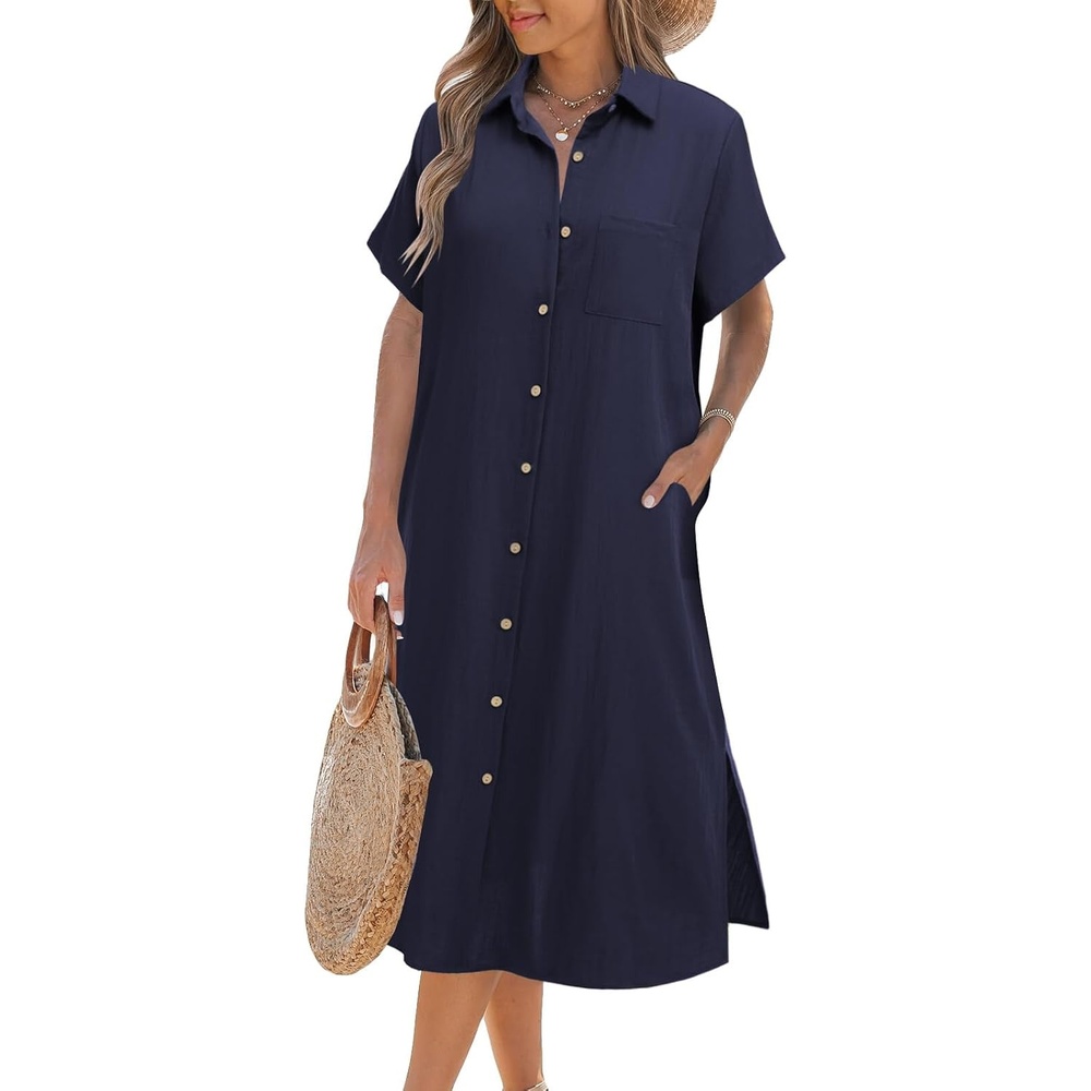 image:imageZeagoo Women Dresses Summer Casual Short Sleeve Button Down Shirt Dresses 2026 Beach Cover Up with PocketsNavy Blue