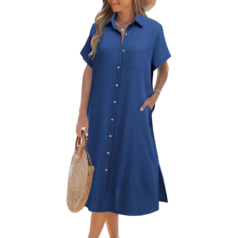 image:imageZeagoo Women Dresses Summer Casual Short Sleeve Button Down Shirt Dresses 2026 Beach Cover Up with PocketsRoyal Blue