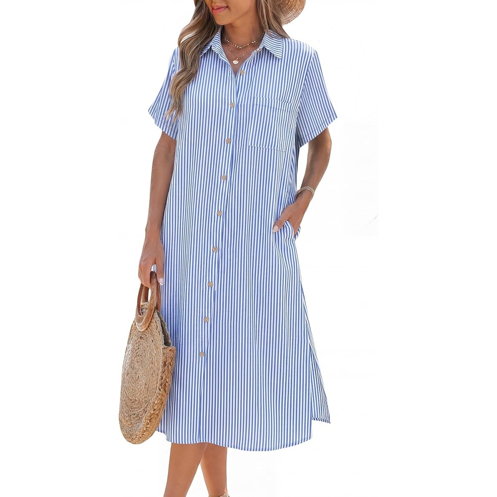 image:imageZeagoo Women Dresses Summer Casual Short Sleeve Button Down Shirt Dresses 2026 Beach Cover Up with PocketsTw846