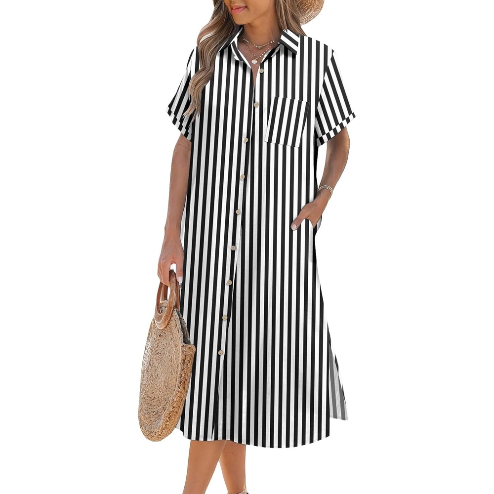 image:imageZeagoo Women Dresses Summer Casual Short Sleeve Button Down Shirt Dresses 2026 Beach Cover Up with PocketsTz166