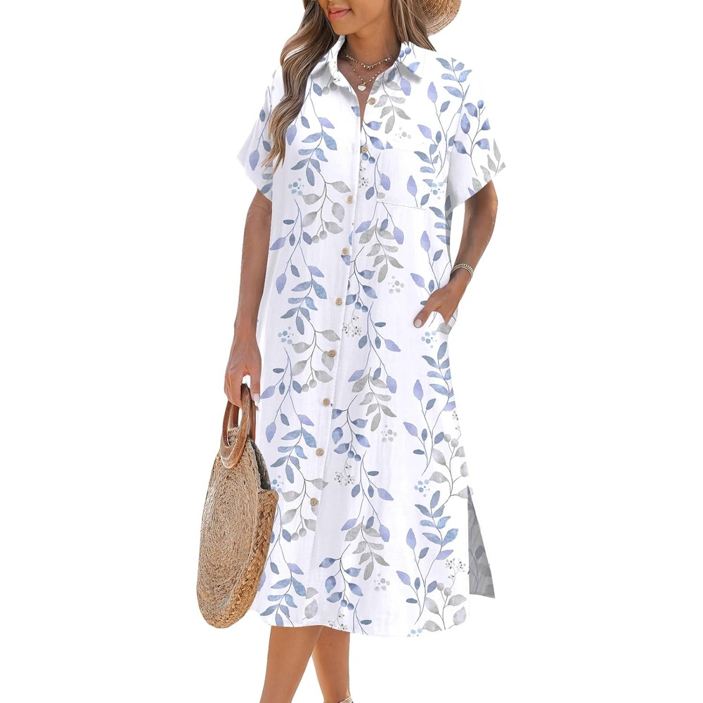 image:imageZeagoo Women Dresses Summer Casual Short Sleeve Button Down Shirt Dresses 2026 Beach Cover Up with PocketsWhite Print