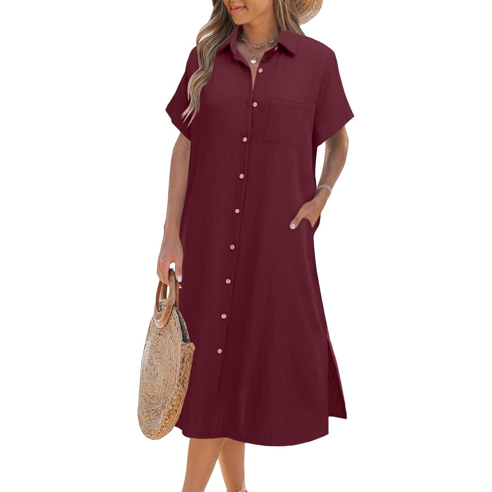 image:imageZeagoo Women Dresses Summer Casual Short Sleeve Button Down Shirt Dresses 2026 Beach Cover Up with PocketsWine Red
