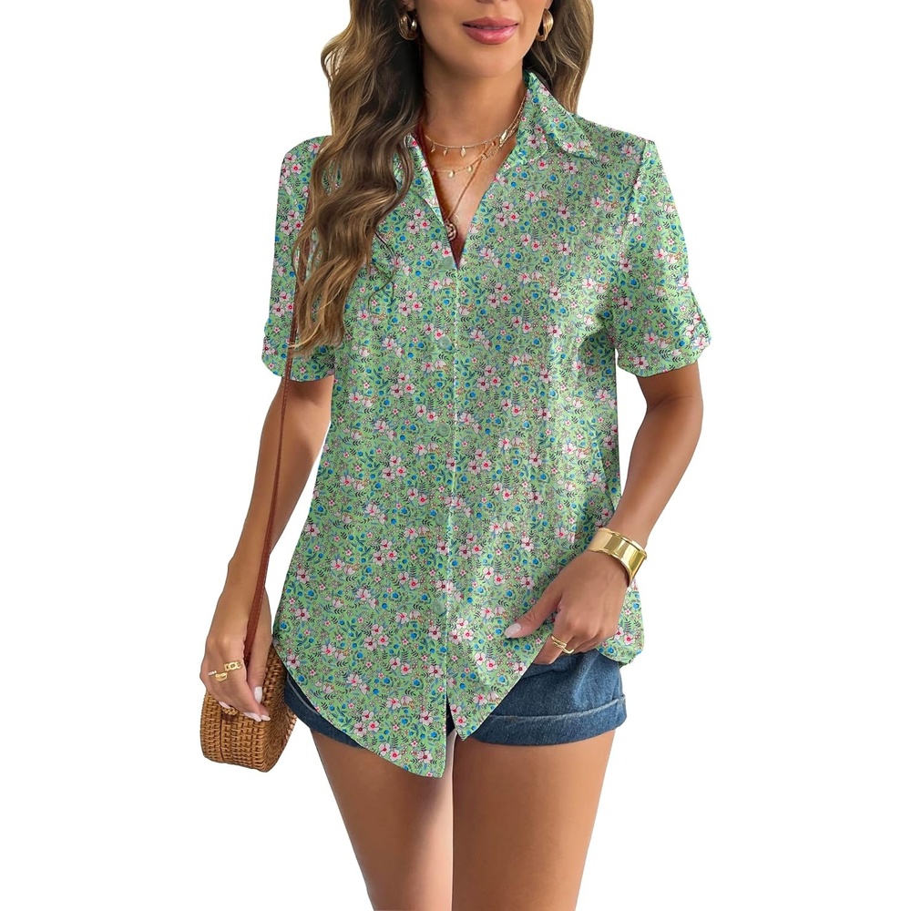 image:imageZeagoo Women Linen Button Down Shirt Rolled Cuffed Short Sleeve Blouse Ladies Summer Casual V Neck Beach Cotton TopsFloral Green