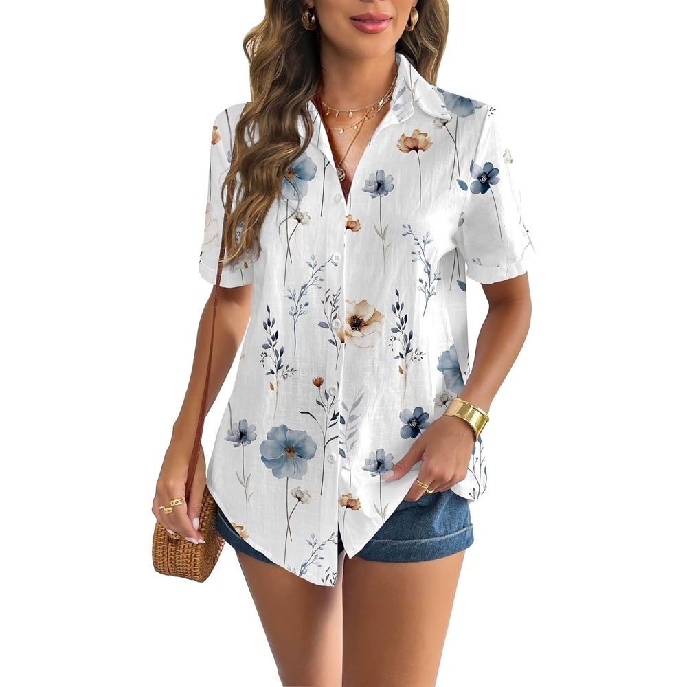 image:imageZeagoo Women Linen Button Down Shirt Rolled Cuffed Short Sleeve Blouse Ladies Summer Casual V Neck Beach Cotton TopsFloral White