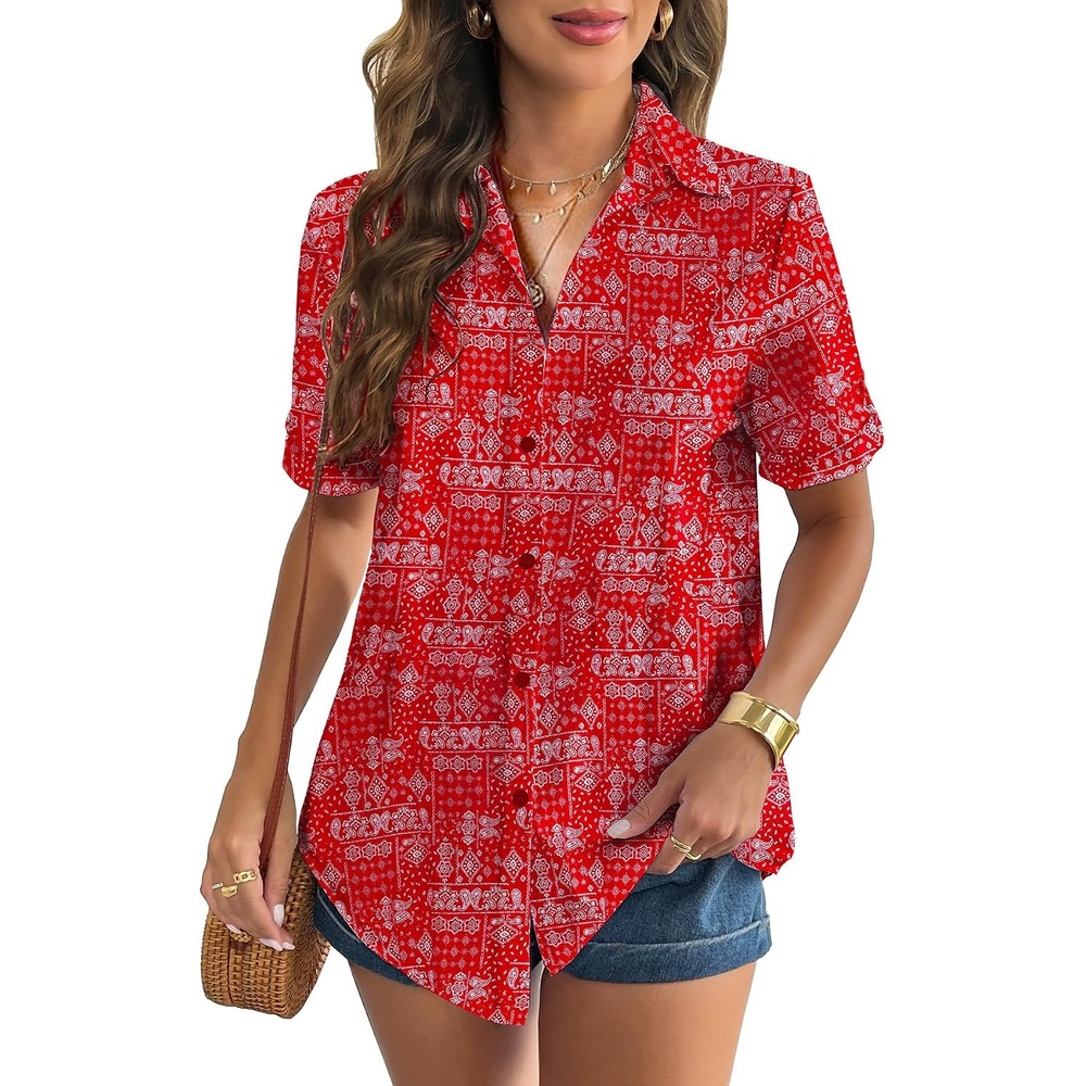 image:imageZeagoo Women Linen Button Down Shirt Rolled Cuffed Short Sleeve Blouse Ladies Summer Casual V Neck Beach Cotton TopsHboho Floral Red