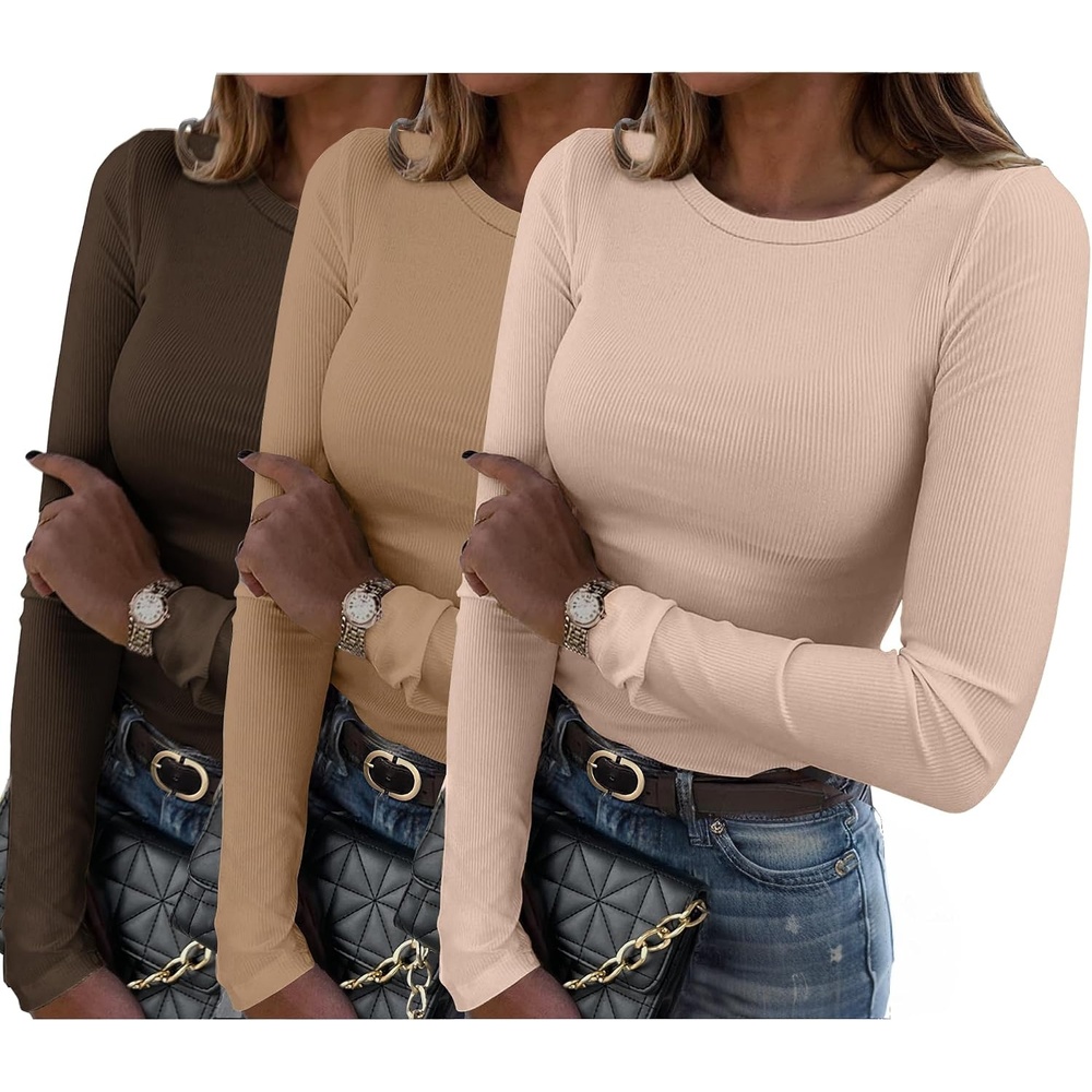 image:imageZeagoo Women Long Sleeve Shirts Ribbed Slim Fit Tops Crewneck Basic TeeBeigebrownlight Brown