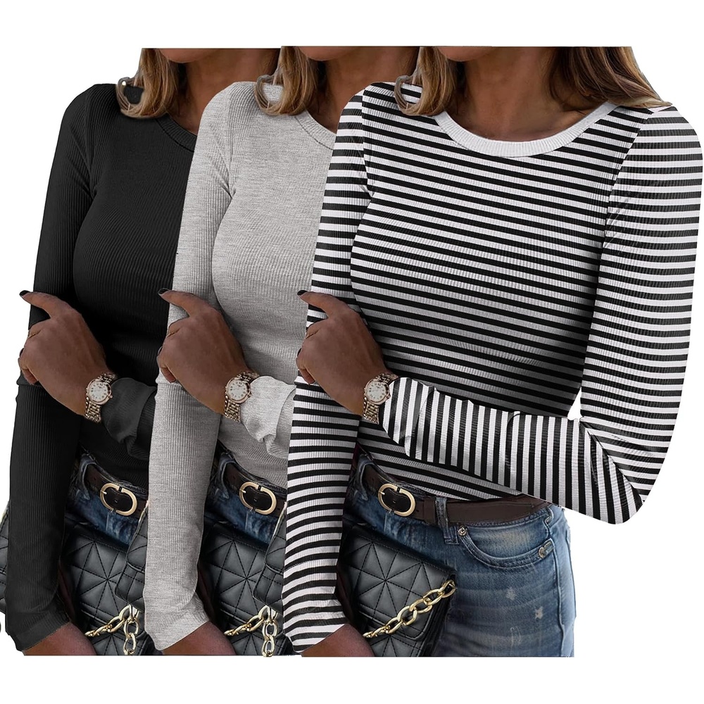 image:imageZeagoo Women Long Sleeve Shirts Ribbed Slim Fit Tops Crewneck Basic TeeBlackgreyblack Stripe