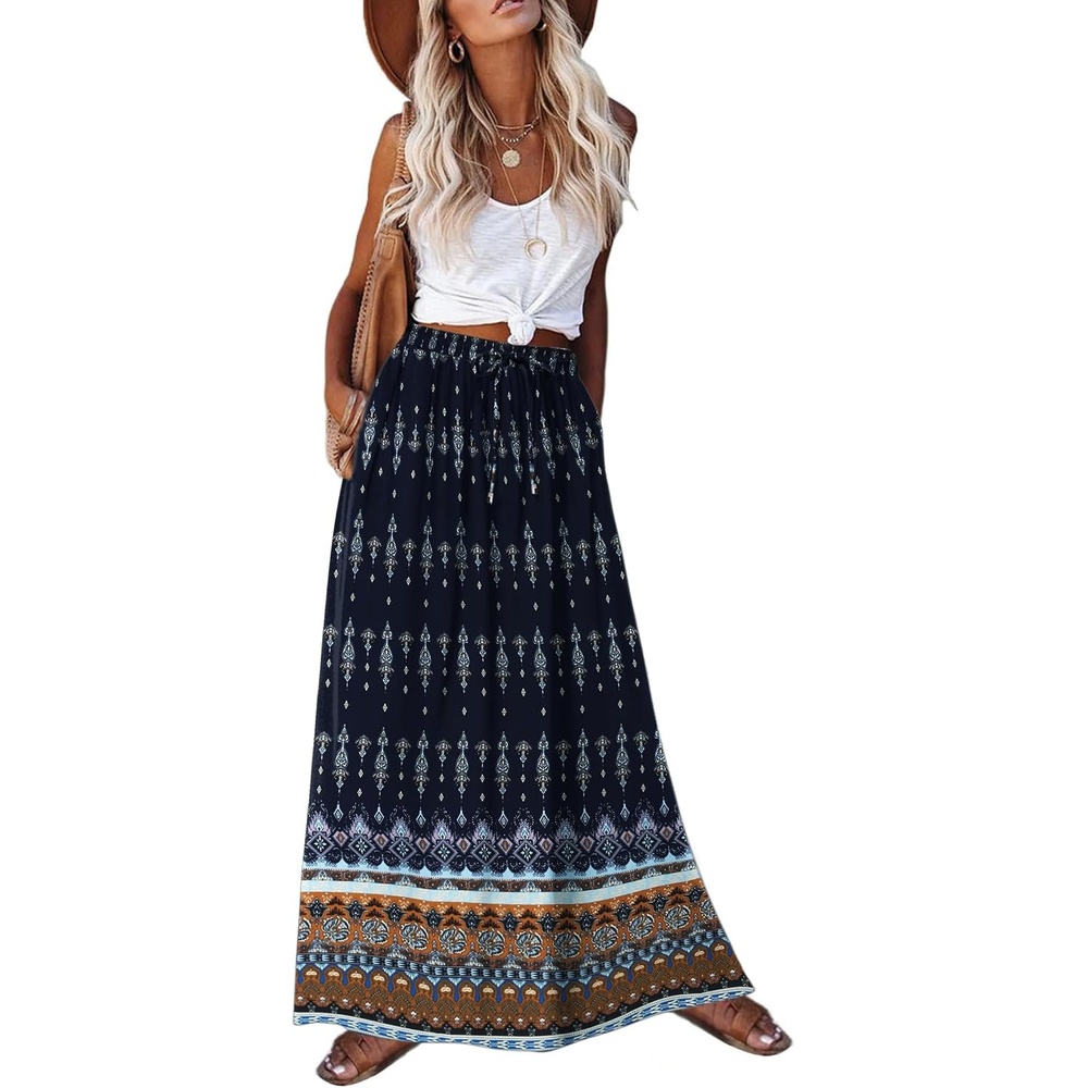 image:imageZeagoo Womens 2026 Boho Floral Skirt Casual Elastic High Waist Maxi Skirts Flowy A Line Beach Long Skirt with Side PocketsBlack Navy