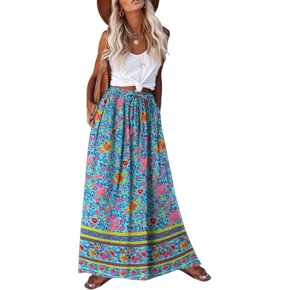 image:imageZeagoo Womens 2026 Boho Floral Skirt Casual Elastic High Waist Maxi Skirts Flowy A Line Beach Long Skirt with Side PocketsBlue Pa29