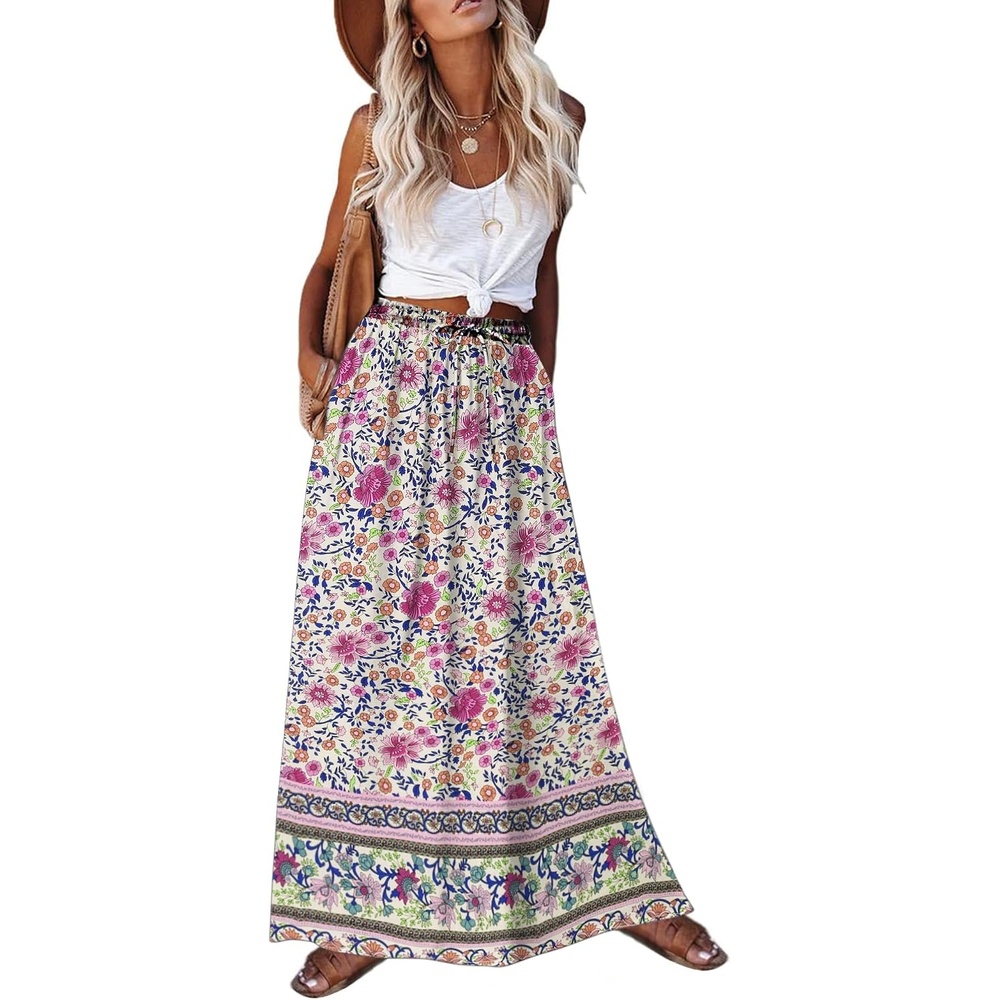 image:imageZeagoo Womens 2026 Boho Floral Skirt Casual Elastic High Waist Maxi Skirts Flowy A Line Beach Long Skirt with Side PocketsBoho Purple Flower