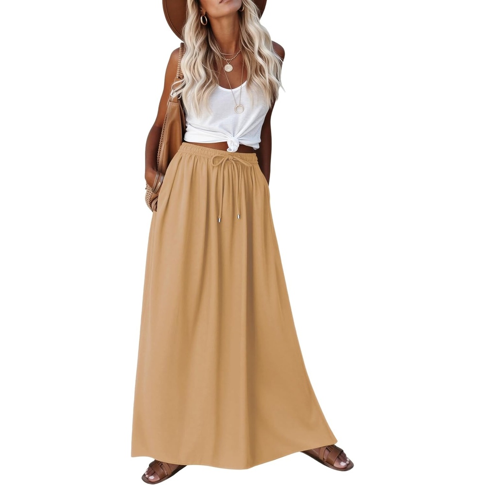 image:imageZeagoo Womens 2026 Boho Floral Skirt Casual Elastic High Waist Maxi Skirts Flowy A Line Beach Long Skirt with Side PocketsCamel