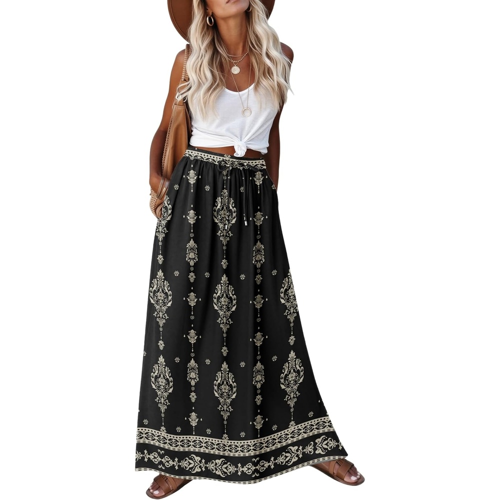 image:imageZeagoo Womens 2026 Boho Floral Skirt Casual Elastic High Waist Maxi Skirts Flowy A Line Beach Long Skirt with Side PocketsEthnic Black