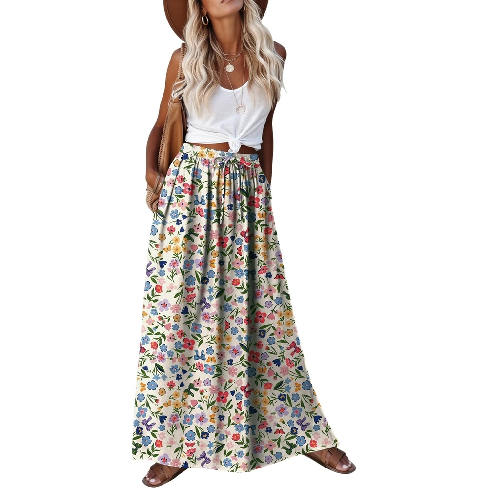 image:imageZeagoo Womens 2026 Boho Floral Skirt Casual Elastic High Waist Maxi Skirts Flowy A Line Beach Long Skirt with Side PocketsFlower Apricot