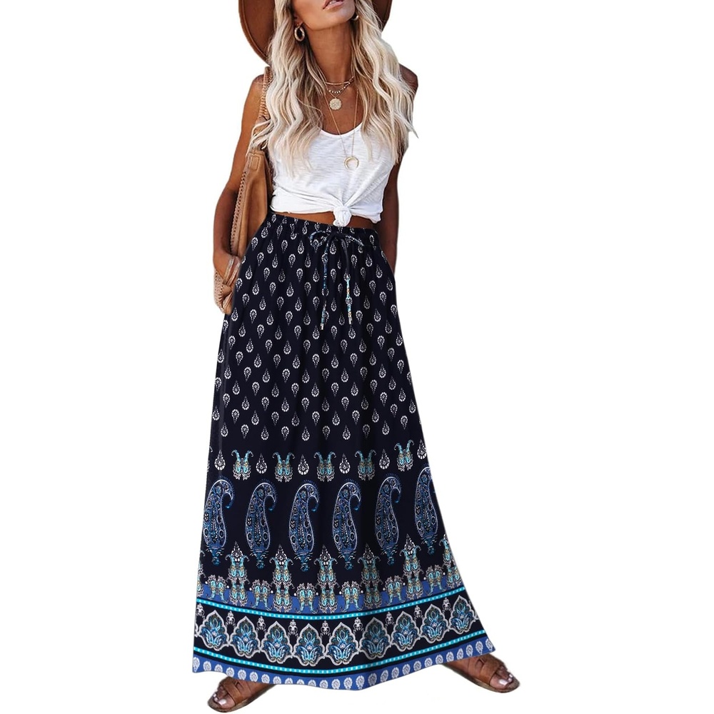 image:imageZeagoo Womens 2026 Boho Floral Skirt Casual Elastic High Waist Maxi Skirts Flowy A Line Beach Long Skirt with Side PocketsNavy Blue