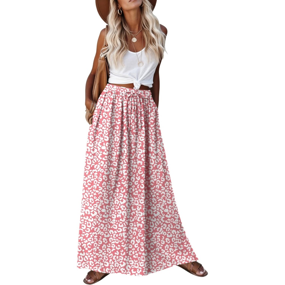 image:imageZeagoo Womens 2026 Boho Floral Skirt Casual Elastic High Waist Maxi Skirts Flowy A Line Beach Long Skirt with Side PocketsOrange Pink White