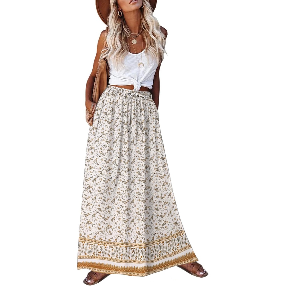image:imageZeagoo Womens 2026 Boho Floral Skirt Casual Elastic High Waist Maxi Skirts Flowy A Line Beach Long Skirt with Side PocketsWhite