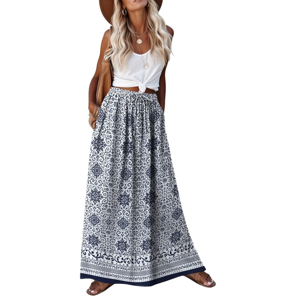 image:imageZeagoo Womens 2026 Boho Floral Skirt Casual Elastic High Waist Maxi Skirts Flowy A Line Beach Long Skirt with Side PocketsWhite Blue