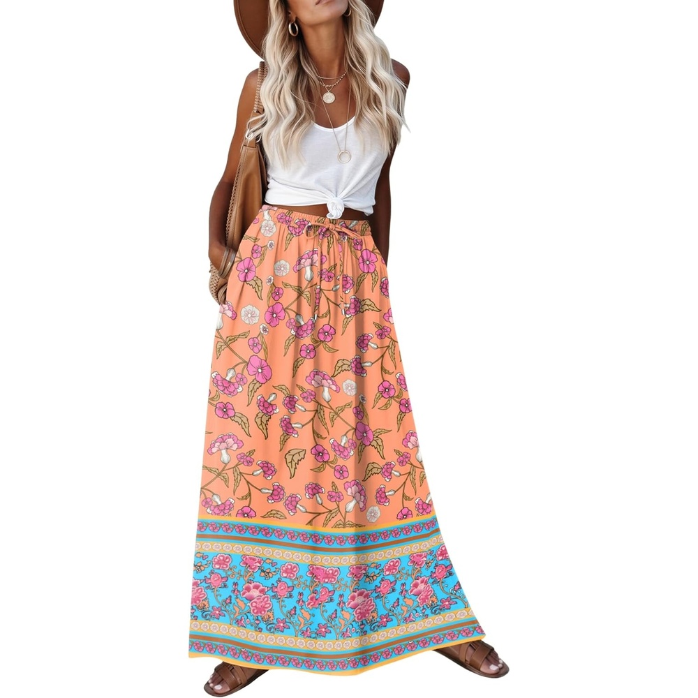 image:imageZeagoo Womens 2026 Boho Floral Skirt Casual Elastic High Waist Maxi Skirts Flowy A Line Beach Long Skirt with Side PocketsYellowgreen