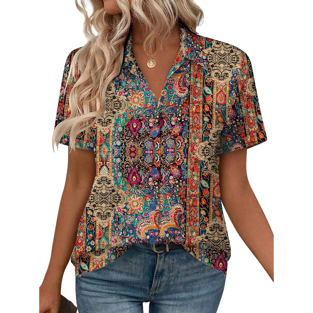 image:imageZeagoo Womens Button Down Blouse Rolled Cuffed Short Sleeve Shirts Casual Work Blouse Summer Hawaiian OutfitsMz721