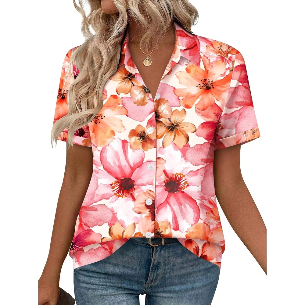 image:imageZeagoo Womens Button Down Blouse Rolled Cuffed Short Sleeve Shirts Casual Work Blouse Summer Hawaiian OutfitsWf97