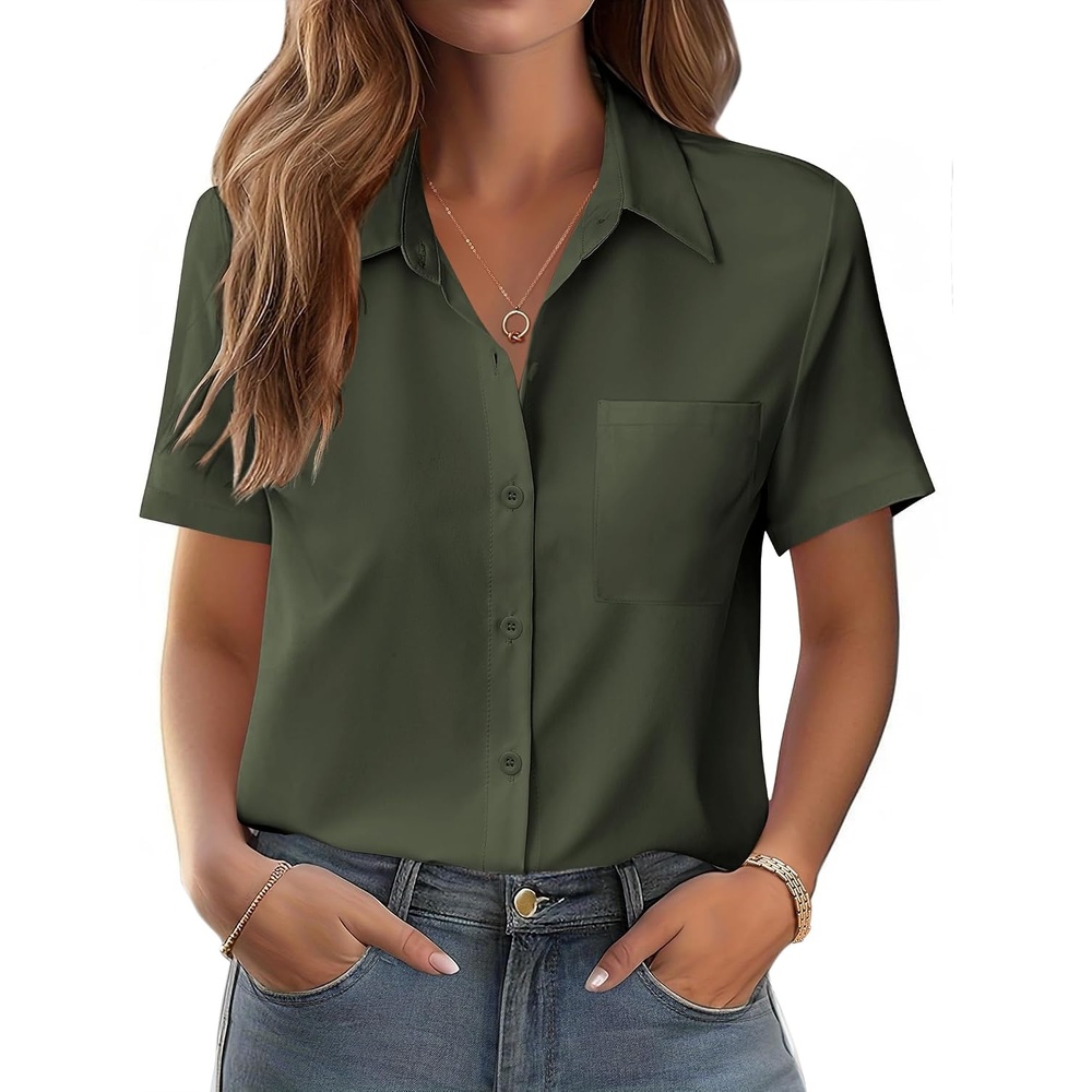 image:imageZeagoo Womens Button Down Shirt Bust Pocket Short Sleeve Blouses Summer TopArmy