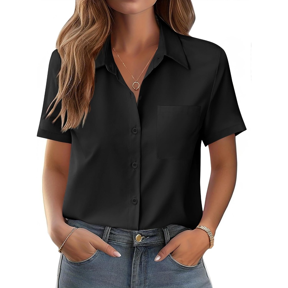 image:imageZeagoo Womens Button Down Shirt Bust Pocket Short Sleeve Blouses Summer TopBlack