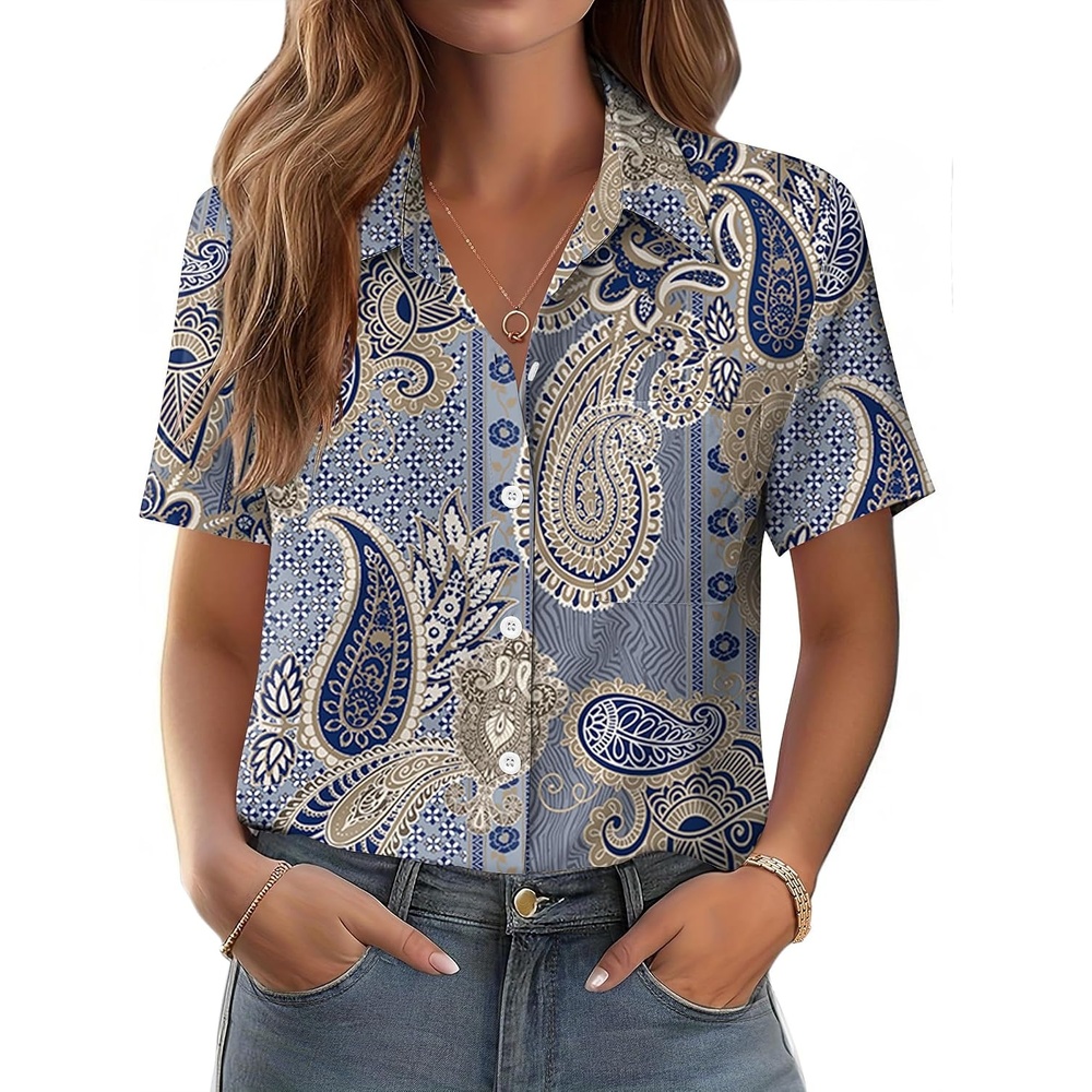 image:imageZeagoo Womens Button Down Shirt Bust Pocket Short Sleeve Blouses Summer TopBoho Blue 919