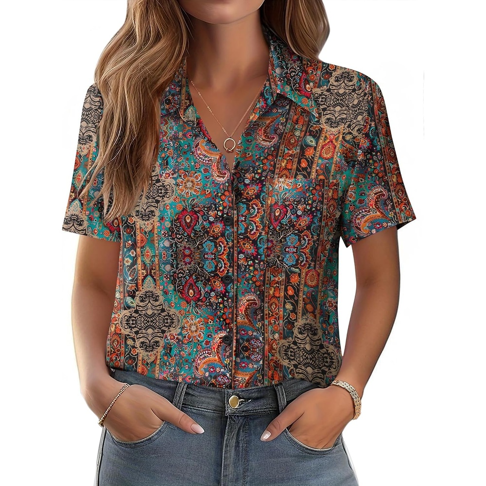 image:imageZeagoo Womens Button Down Shirt Bust Pocket Short Sleeve Blouses Summer TopBoho Multicolor 721
