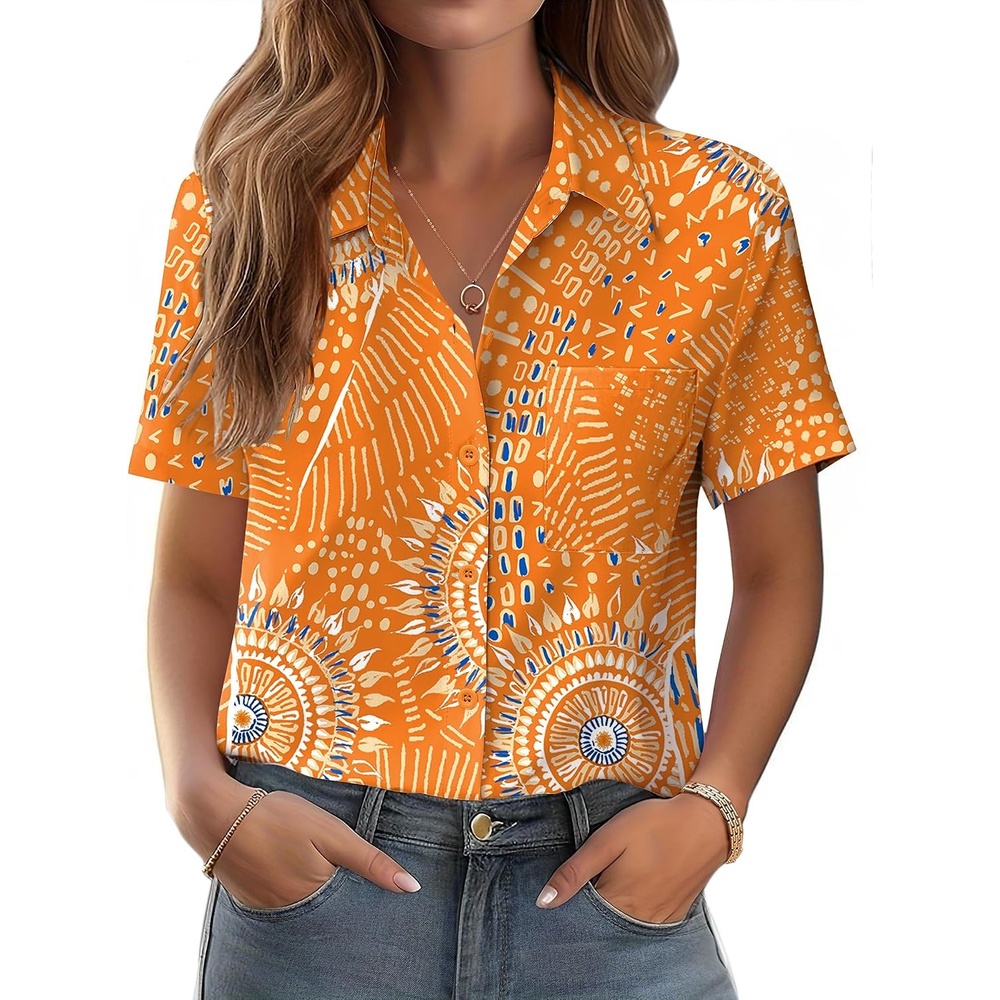 image:imageZeagoo Womens Button Down Shirt Bust Pocket Short Sleeve Blouses Summer TopBoho Orange 294