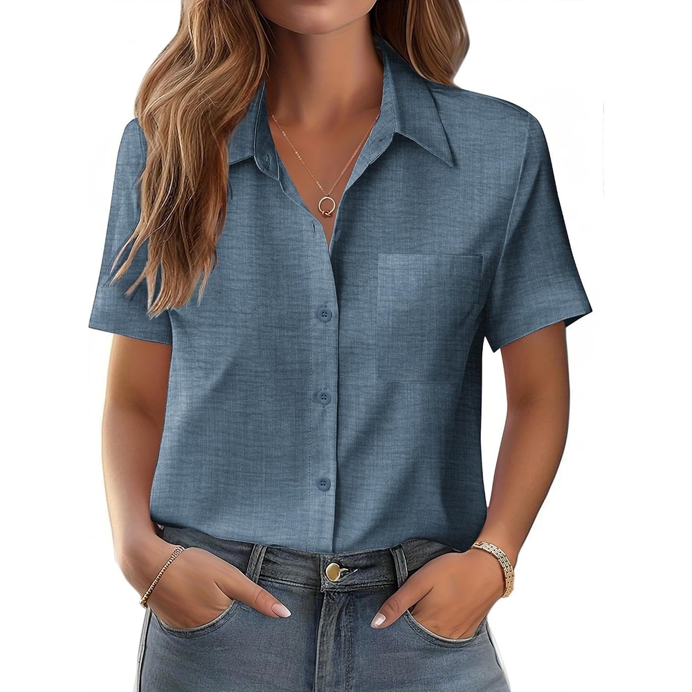 image:imageZeagoo Womens Button Down Shirt Bust Pocket Short Sleeve Blouses Summer TopDark Denim Blue