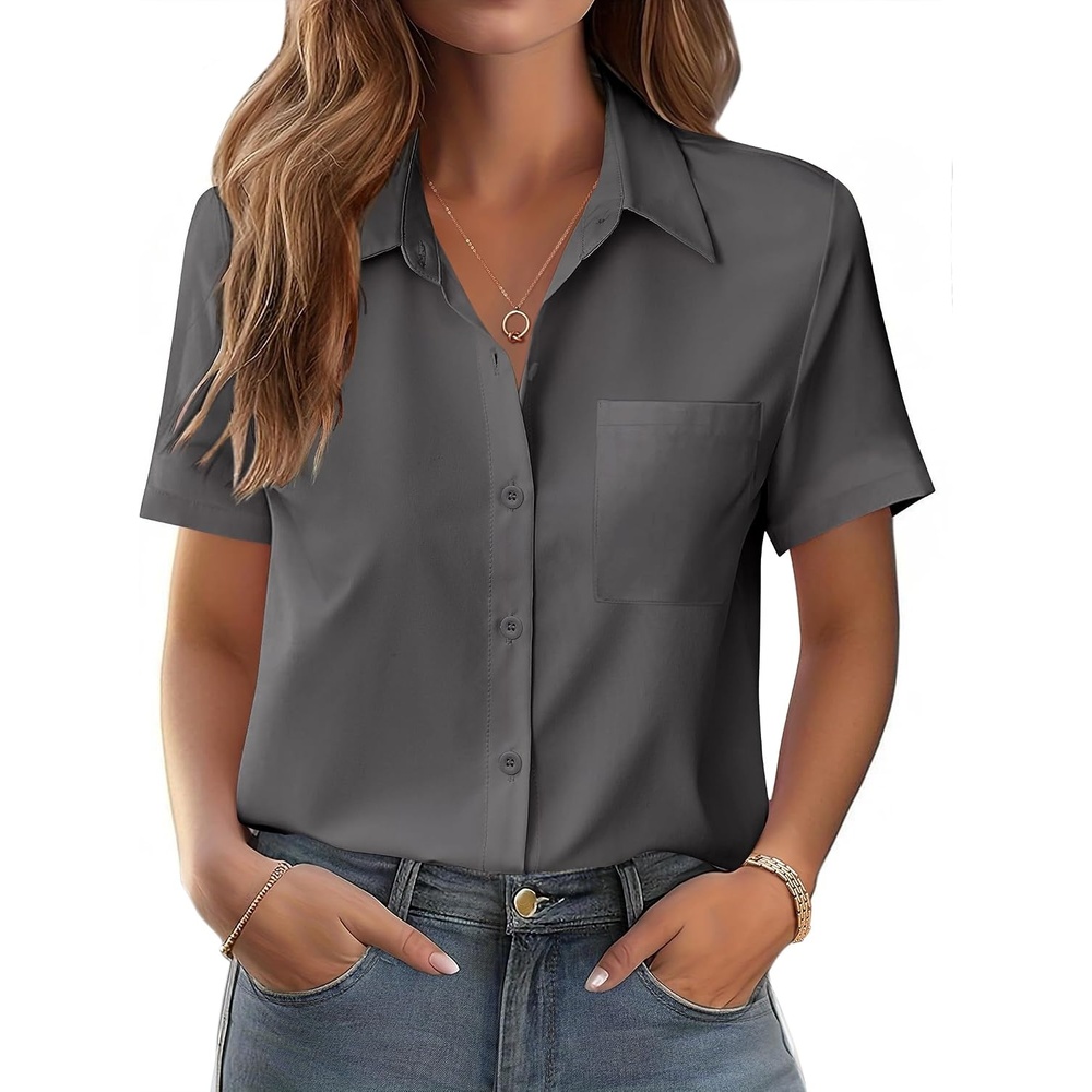 image:imageZeagoo Womens Button Down Shirt Bust Pocket Short Sleeve Blouses Summer TopDark Grey